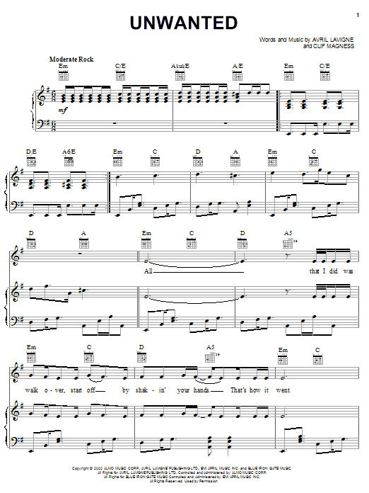 Learn to play Avril Lavigne Unwanted sheet music for Piano, Vocal & Guitar (Right-Hand Melody) in minutes. Avril Lavigne Unwanted sheet music preview music notes and score for Piano, Vocal & Guitar (Right-Hand Melody) including 7 page(s)