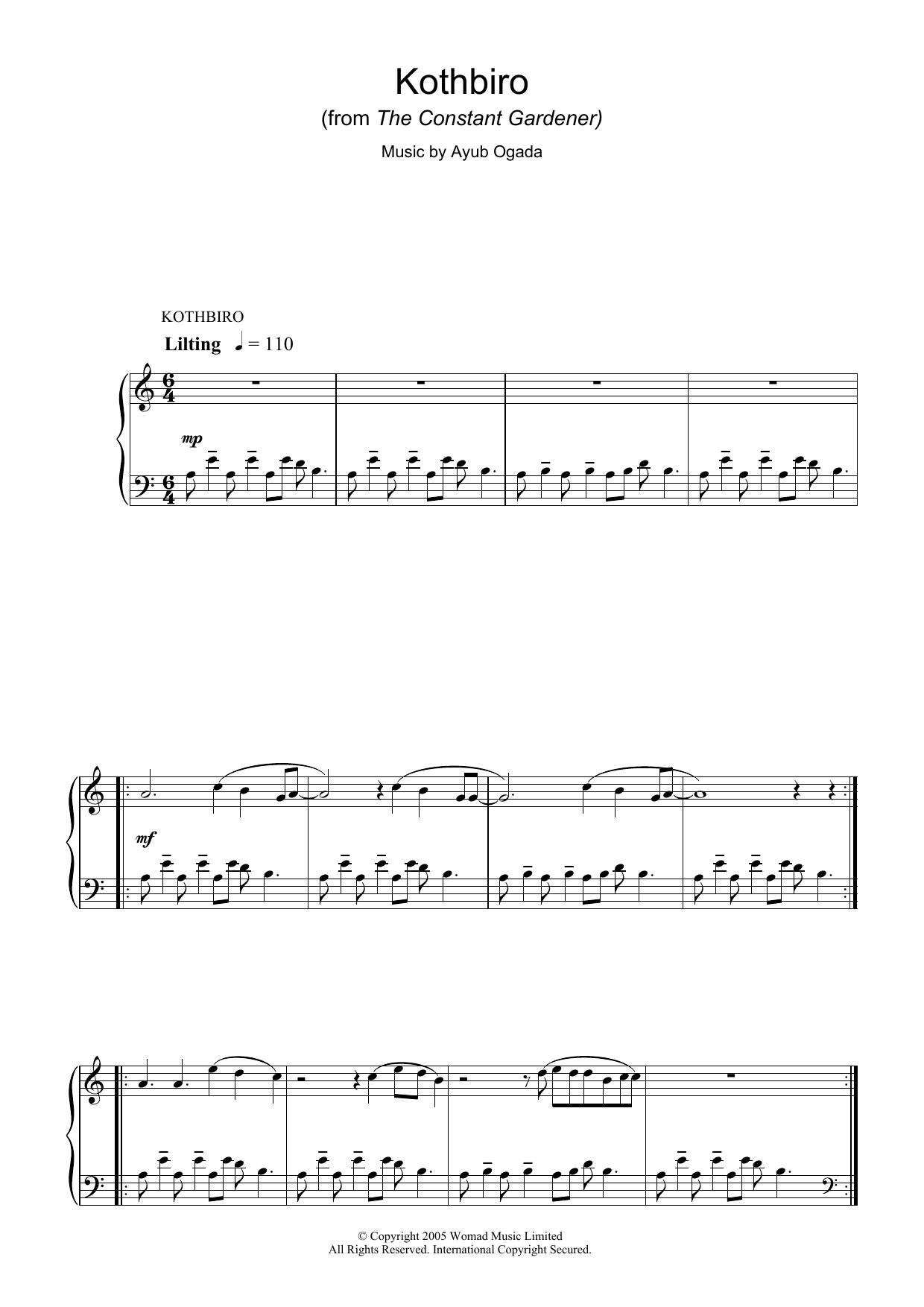 Ayub Ogada Kothbiro (from The Constant Gardener) sheet music preview music notes and score for Piano including 4 page(s)