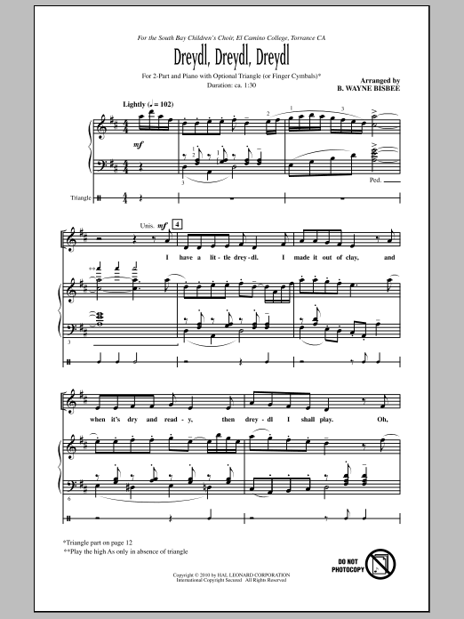 B. Wayne Bisbee Dreydl, Dreydl, Dreydl sheet music, chords, lyrics - Printable PDF for 2-Part Choir