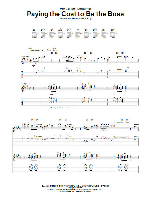Learn to play B.B. King Paying The Cost To Be The Boss sheet music for Guitar Tab in minutes. B.B. King Paying The Cost To Be The Boss sheet music preview music notes and score for Guitar Tab including 5 page(s)