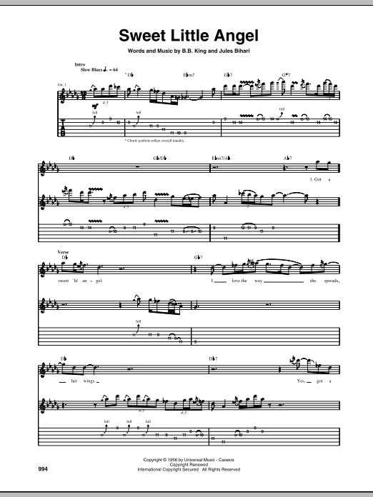 Learn to play B.B. King Sweet Little Angel sheet music for Guitar Tab in minutes. B.B. King Sweet Little Angel sheet music preview music notes and score for Guitar Tab including 7 page(s)
