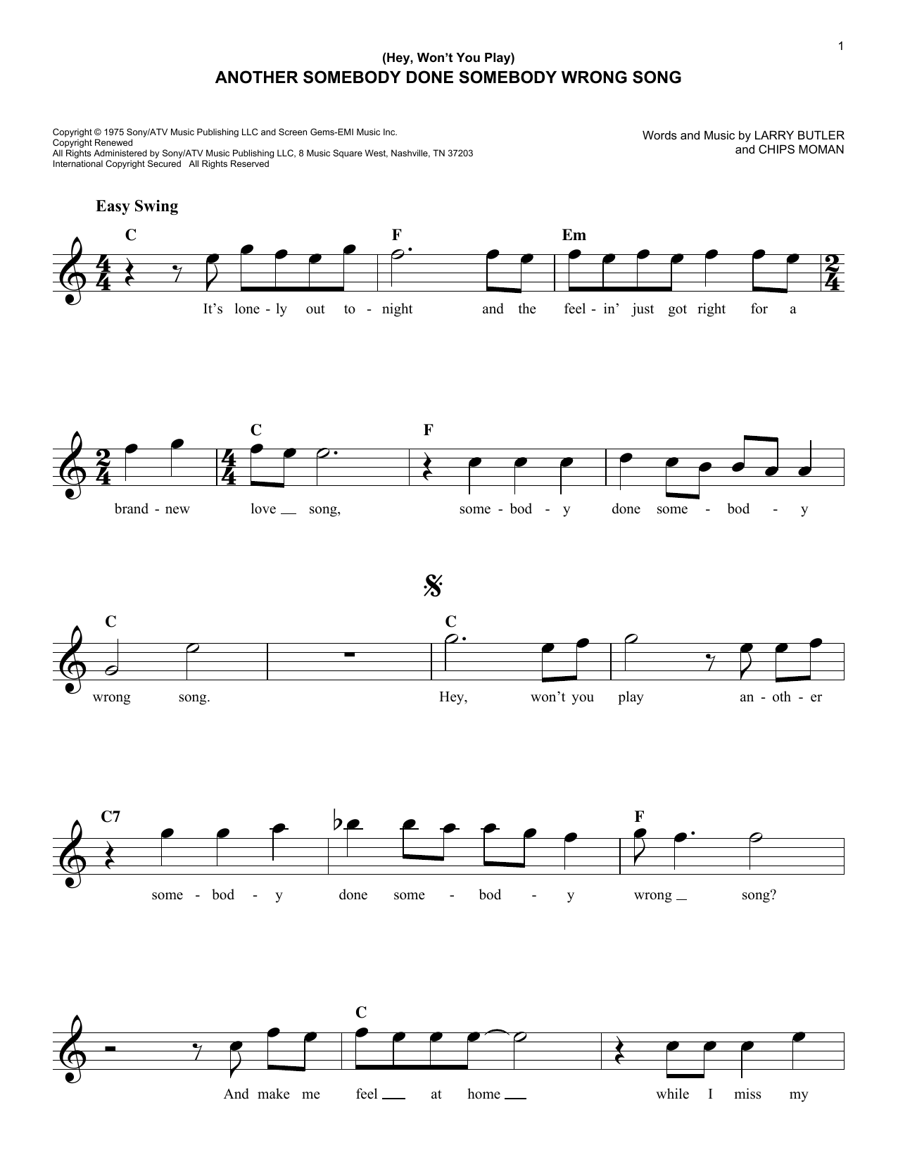 Learn to play B.J. Thomas (Hey, Won't You Play) Another Somebody Done Somebody Wrong Song sheet music for Piano, Vocal & Guitar (Right-Hand Melody) in minutes. B.J. Thomas (Hey, Won't You Play) Another Somebody Done Somebody Wrong Song sheet music preview music notes and score for Piano, Vocal & Guitar (Right-Hand Melody) including 3 page(s)