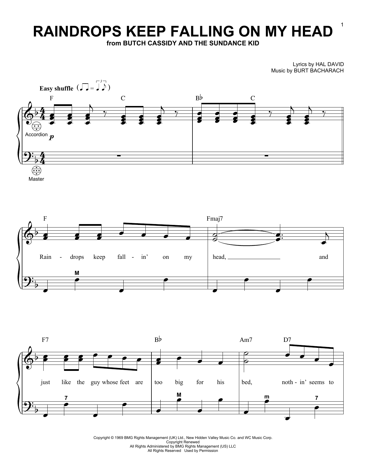 B.J. Thomas Raindrops Keep Fallin' On My Head sheet music preview music notes and score for Piano, Vocal & Guitar (Right-Hand Melody) including 3 page(s)