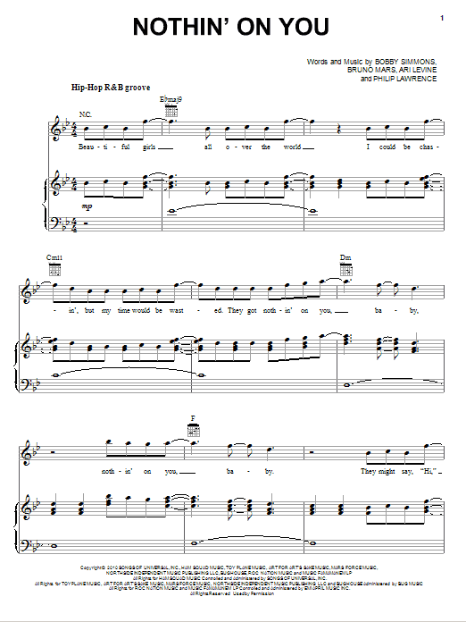 Learn to play B.o.B Nothin' On You (feat. Bruno Mars) sheet music for Piano, Vocal & Guitar (Right-Hand Melody) in minutes. B.o.B Nothin' On You (feat. Bruno Mars) sheet music preview music notes and score for Piano, Vocal & Guitar (Right-Hand Melody) including 7 page(s)