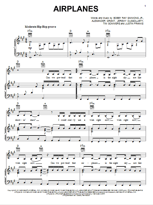 Learn to play B.o.B Airplanes (feat. Hayley Williams) sheet music for Piano, Vocal & Guitar (Right-Hand Melody) in minutes. B.o.B Airplanes (feat. Hayley Williams) sheet music preview music notes and score for Piano, Vocal & Guitar (Right-Hand Melody) including 5 page(s)