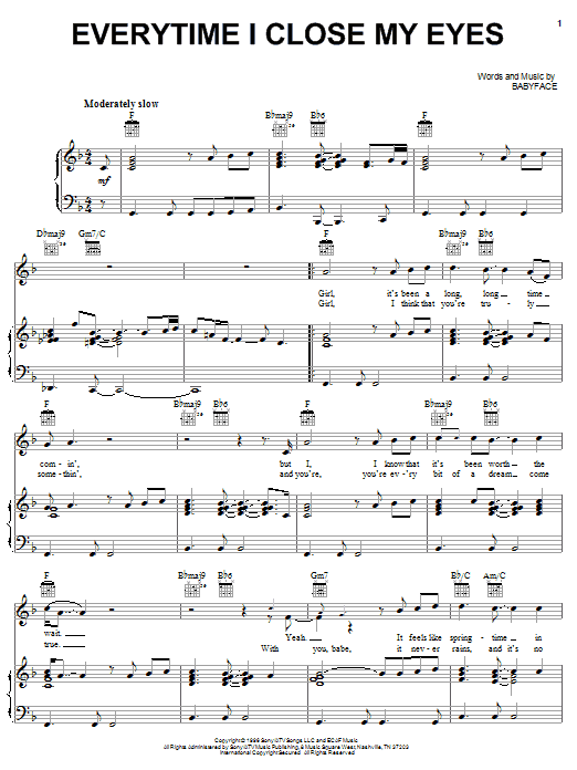 Babyface Everytime I Close My Eyes sheet music preview music notes and score for Piano, Vocal & Guitar (Right-Hand Melody) including 4 page(s)