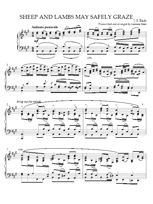Learn to play J.S. Bach Sheep May Safely Graze sheet music for Piano in minutes. J.S. Bach Sheep May Safely Graze sheet music preview music notes and score for Piano including 7 page(s)