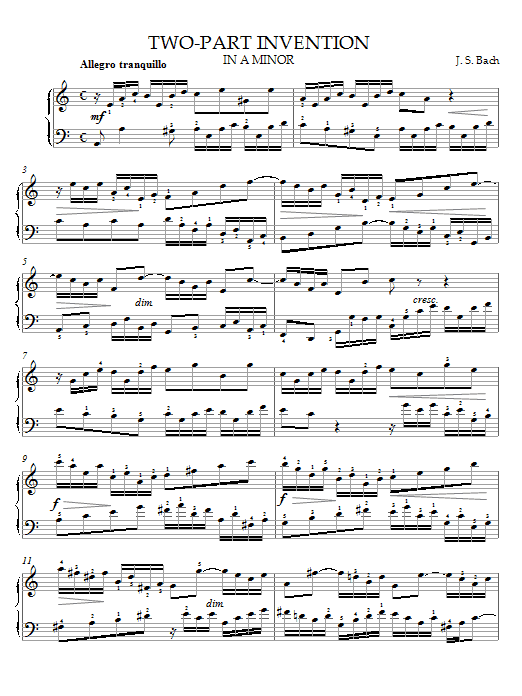 Learn to play J.S. Bach Two-Part Invention in A Minor sheet music for Piano in minutes. J.S. Bach Two-Part Invention in A Minor sheet music preview music notes and score for Piano including 2 page(s)