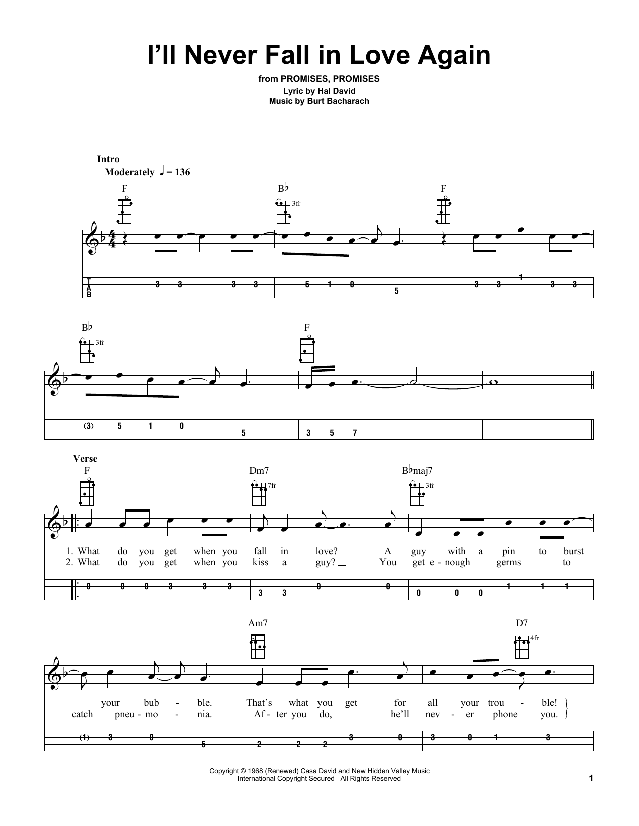 Bacharach & David I'll Never Fall In Love Again (from Promises, Promises)(arr. Bobby Westfall) sheet music, chords, lyrics - Printable PDF for Mandolin