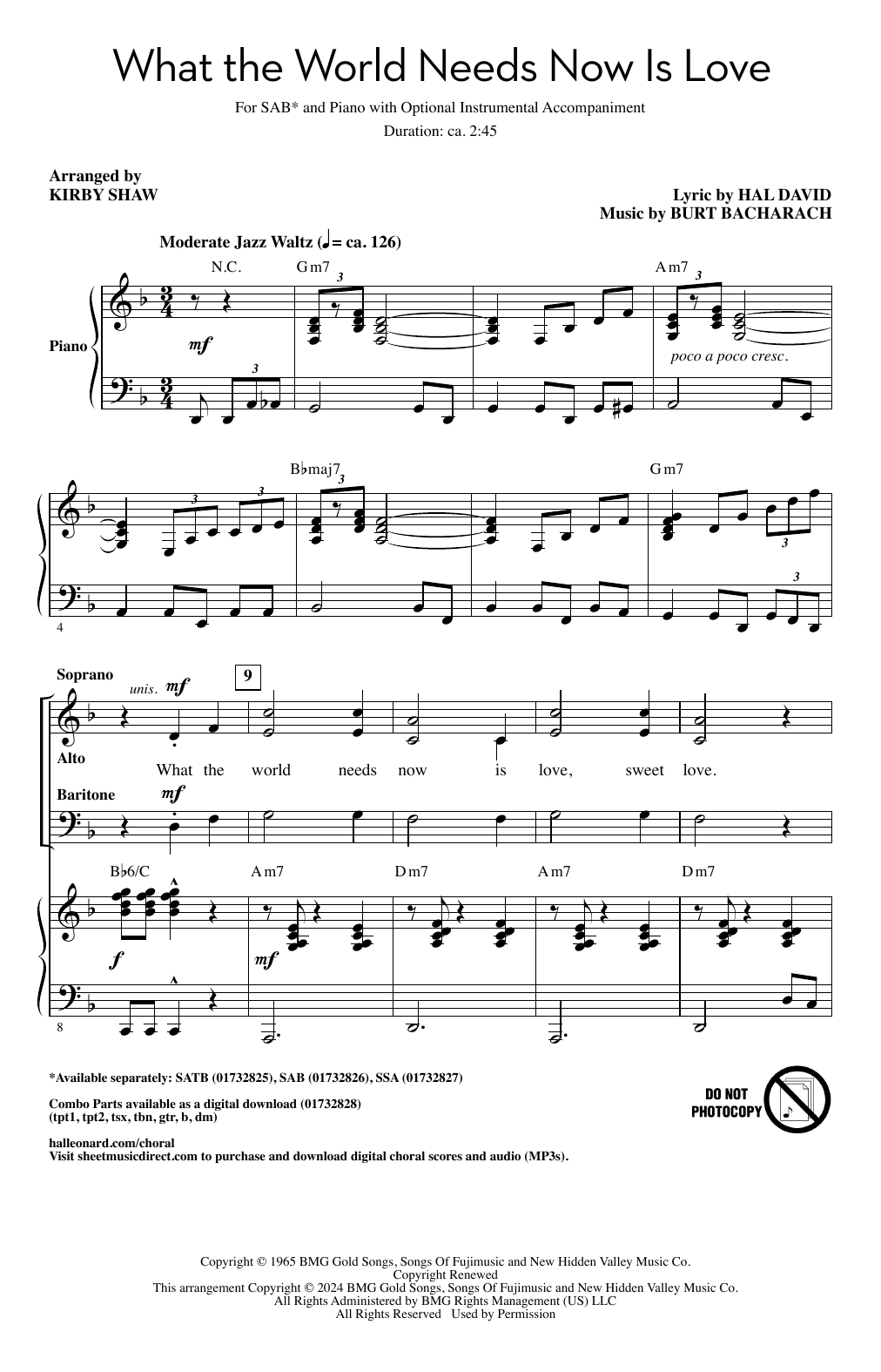 Bacharach & David What The World Needs Now Is Love (arr. Kirby Shaw) sheet music, chords, lyrics - Printable PDF for SATB Choir