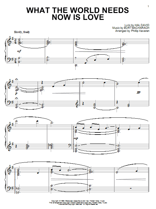 Bacharach & David What The World Needs Now Is Love sheet music, chords, lyrics - Printable PDF for Piano