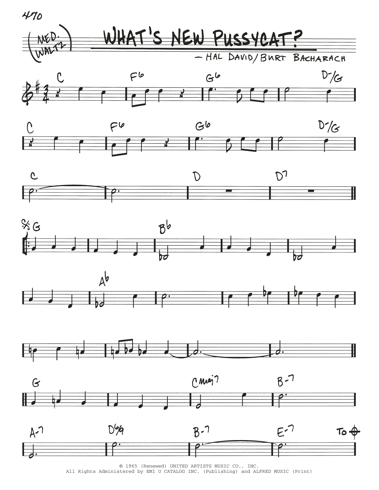 Bacharach & David What's New Pussycat? sheet music, chords, lyrics - Printable PDF for Real Book – Melody & Chords