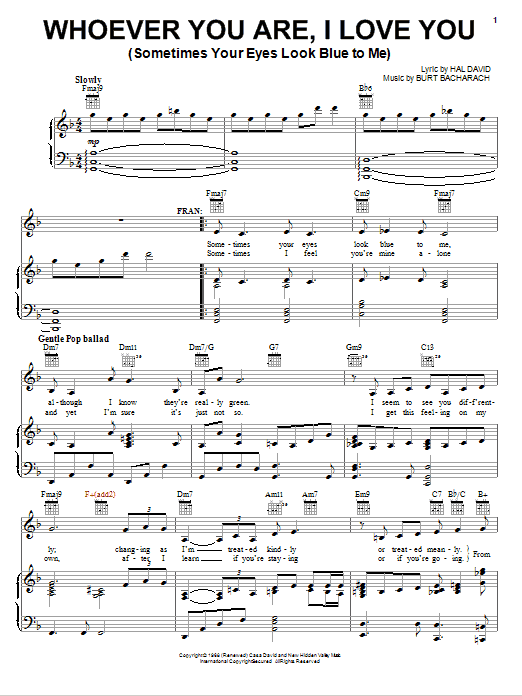 Bacharach & David Whoever You Are, I Love You (Sometimes Your Eyes Look Blue To Me) sheet music, chords, lyrics - Printable PDF for Piano, Vocal & Guitar (Right-Hand Melody)