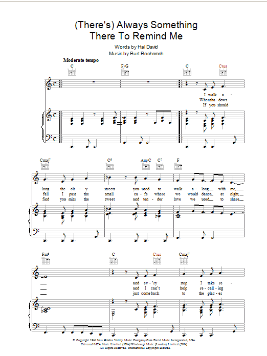 Learn to play Bacharach & David (There's) Always Something There To Remind Me sheet music for Piano, Vocal & Guitar (Right-Hand Melody) in minutes. Bacharach & David (There's) Always Something There To Remind Me sheet music preview music notes and score for Piano, Vocal & Guitar (Right-Hand Melody) including 4 page(s)