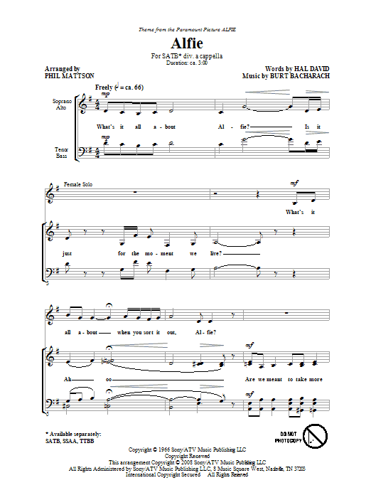 Learn to play Bacharach & David Alfie (arr. Phil Mattson) sheet music for SATB in minutes. Bacharach & David Alfie (arr. Phil Mattson) sheet music preview music notes and score for SATB including 5 page(s)