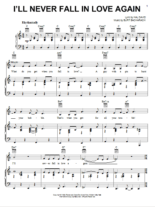 Learn to play Bacharach & David I'll Never Fall In Love Again sheet music for Piano, Vocal & Guitar (Right-Hand Melody) in minutes. Bacharach & David I'll Never Fall In Love Again sheet music preview music notes and score for Piano, Vocal & Guitar (Right-Hand Melody) including 5 page(s)