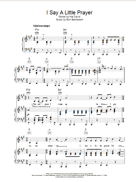 Learn to play Bacharach & David I Say A Little Prayer sheet music for Piano, Vocal & Guitar (Right-Hand Melody) in minutes. Bacharach & David I Say A Little Prayer sheet music preview music notes and score for Piano, Vocal & Guitar (Right-Hand Melody) including 5 page(s)