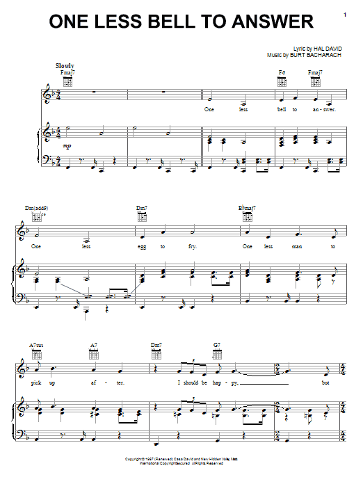 Learn to play Bacharach & David One Less Bell To Answer sheet music for Piano, Vocal & Guitar (Right-Hand Melody) in minutes. Bacharach & David One Less Bell To Answer sheet music preview music notes and score for Piano, Vocal & Guitar (Right-Hand Melody) including 4 page(s)