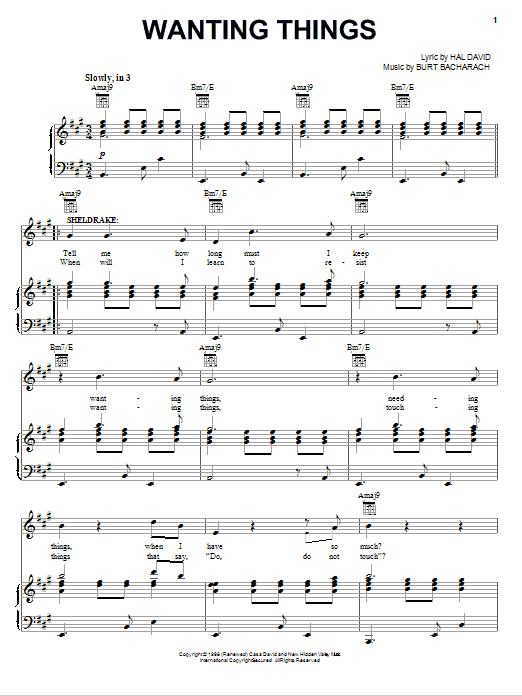 Learn to play Bacharach & David Wanting Things sheet music for Piano, Vocal & Guitar (Right-Hand Melody) in minutes. Bacharach & David Wanting Things sheet music notes and chords
