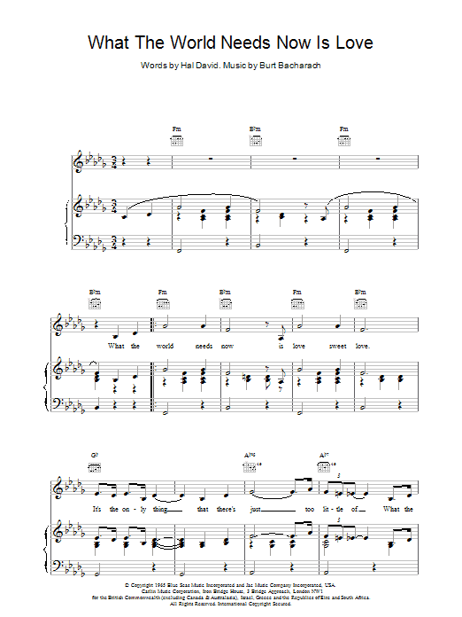 Bacharach & David What The World Needs Now Is Love sheet music preview music notes and score for Piano & Vocal including 2 page(s)