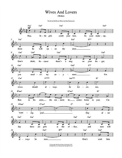 Learn to play Bacharach & David Wives And Lovers (Hey, Little Girl) sheet music for Piano, Vocal & Guitar (Right-Hand Melody) in minutes. Bacharach & David Wives And Lovers (Hey, Little Girl) sheet music preview music notes and score for Piano, Vocal & Guitar (Right-Hand Melody) including 4 page(s)