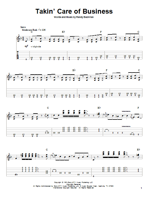 Learn to play Bachman-Turner Overdrive Takin' Care Of Business sheet music for Piano, Vocal & Guitar (Right-Hand Melody) in minutes. Bachman-Turner Overdrive Takin' Care Of Business sheet music notes and chords