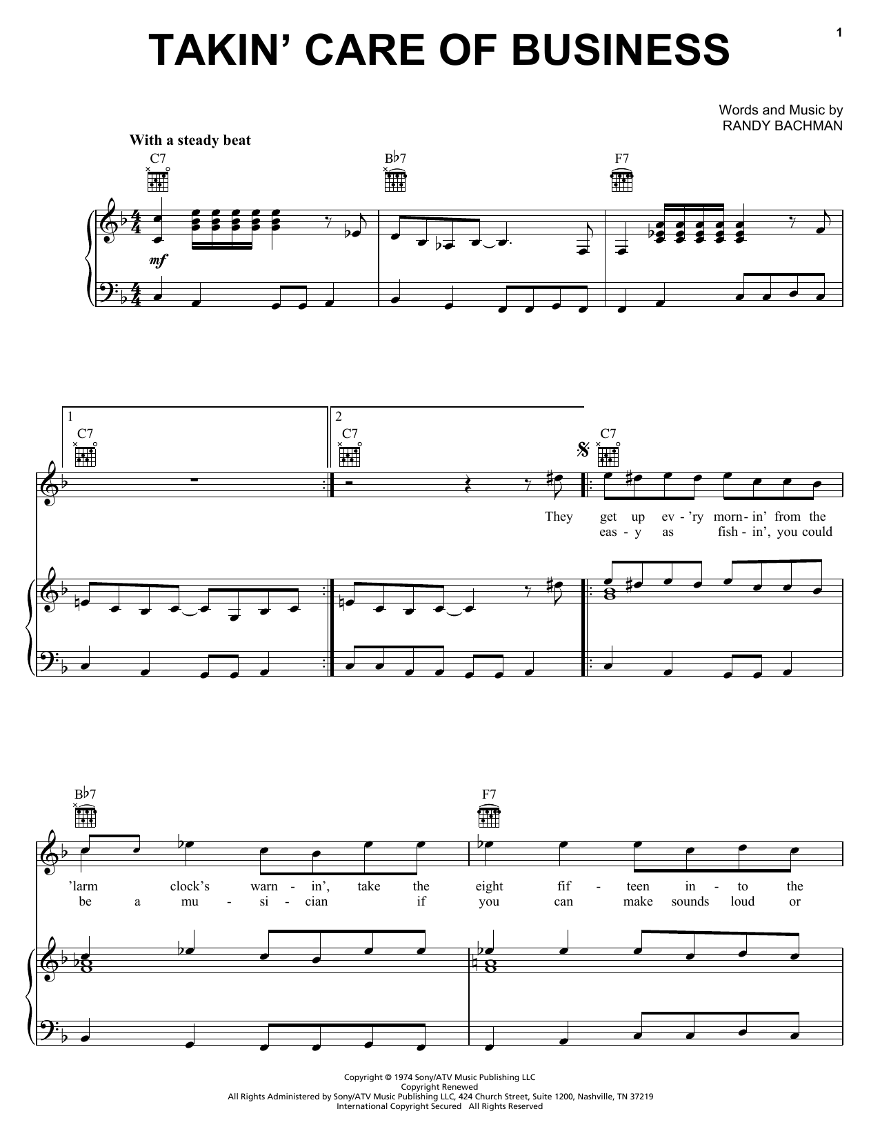 Bachman-Turner Overdrive Takin' Care Of Business sheet music preview music notes and score for Lyrics & Chords including 3 page(s)