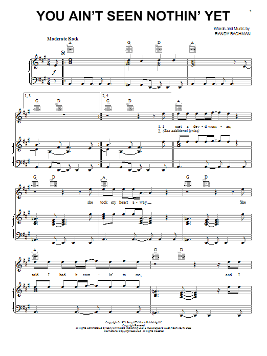 Learn to play Bachman-Turner Overdrive You Ain't Seen Nothin' Yet sheet music for Lyrics & Chords in minutes. Bachman-Turner Overdrive You Ain't Seen Nothin' Yet sheet music preview music notes and score for Lyrics & Chords including 4 page(s)