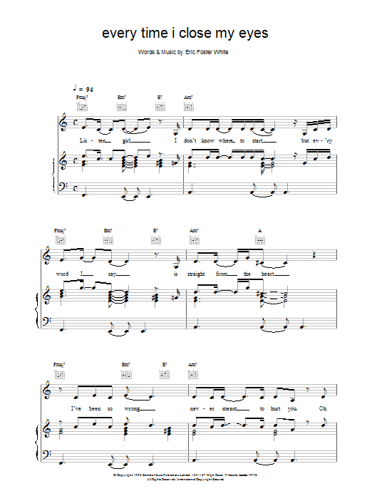 Backstreet Boys Every Time I Close My Eyes sheet music preview music notes and score for Piano, Vocal & Guitar (Right-Hand Melody) including 5 page(s)