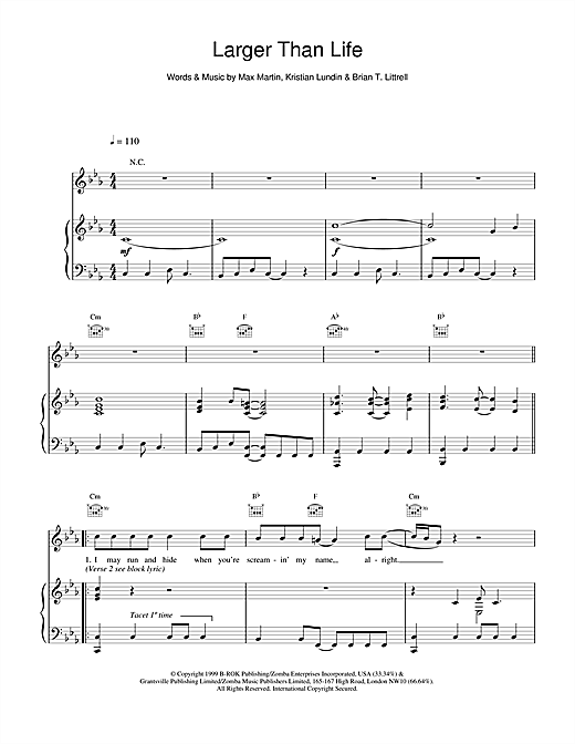 Learn to play Backstreet Boys Larger Than Life sheet music for Piano, Vocal & Guitar (Right-Hand Melody) in minutes. Backstreet Boys Larger Than Life sheet music notes and chords