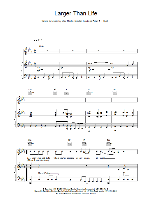 Backstreet Boys Larger Than Life sheet music preview music notes and score for Piano, Vocal & Guitar (Right-Hand Melody) including 6 page(s)