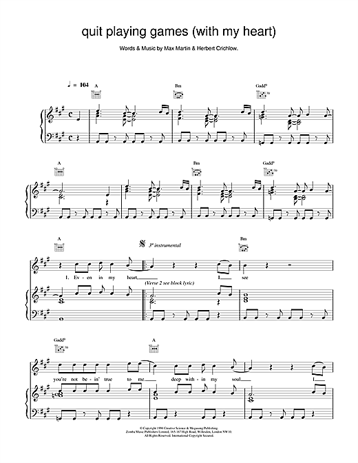 Learn to play Backstreet Boys Quit Playing Games (With My Heart) sheet music for Piano, Vocal & Guitar (Right-Hand Melody) in minutes. Backstreet Boys Quit Playing Games (With My Heart) sheet music notes and chords