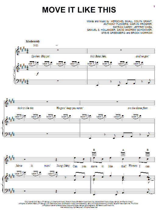 Baha Men Move It Like This sheet music preview music notes and score for Piano, Vocal & Guitar (Right-Hand Melody) including 11 page(s)