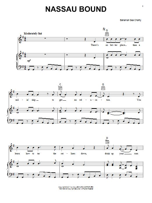Learn to play Bahaman Sea Chanty Nassau Bound sheet music for Piano, Vocal & Guitar (Right-Hand Melody) in minutes. Bahaman Sea Chanty Nassau Bound sheet music preview music notes and score for Piano, Vocal & Guitar (Right-Hand Melody) including 6 page(s)
