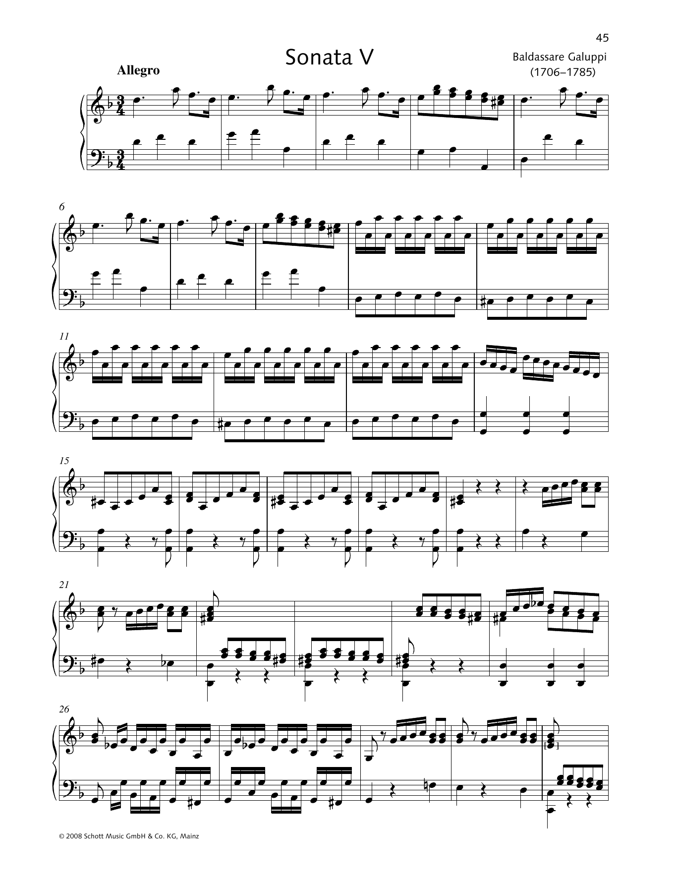 Learn to play Baldassare Galuppi Sonata V D minor sheet music for Piano Solo in minutes. Baldassare Galuppi Sonata V D minor sheet music preview music notes and score for Piano Solo including 7 page(s)
