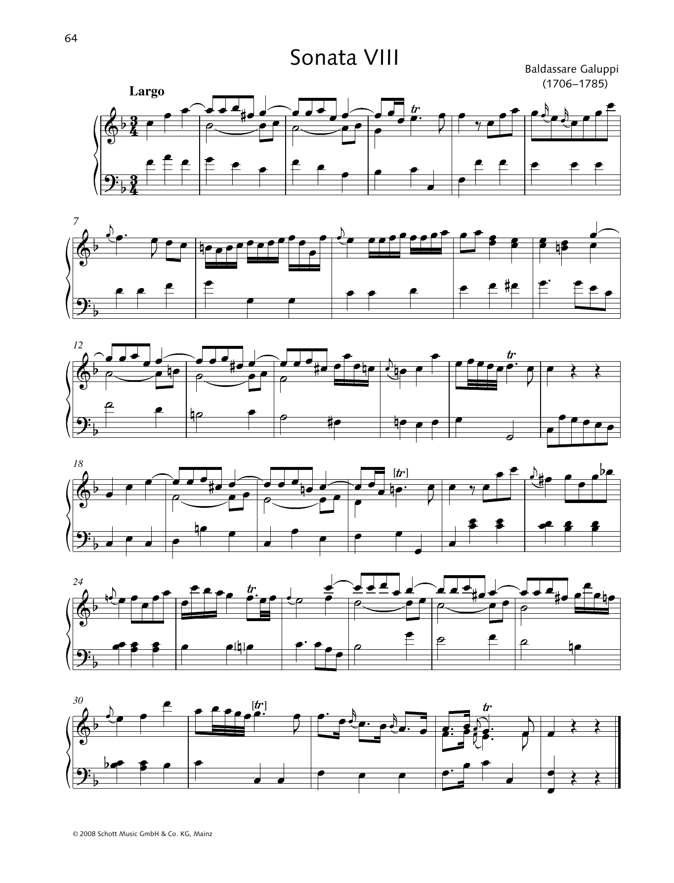 Learn to play Baldassare Galuppi Sonata VIII F major sheet music for Piano Solo in minutes. Baldassare Galuppi Sonata VIII F major sheet music preview music notes and score for Piano Solo including 4 page(s)
