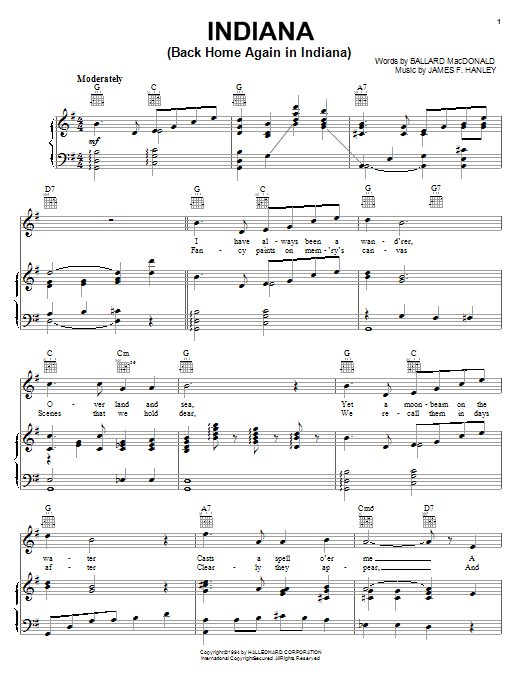 Learn to play Ballard MacDonald Indiana (Back Home Again In Indiana) sheet music for Piano, Vocal & Guitar (Right-Hand Melody) in minutes. Ballard MacDonald Indiana (Back Home Again In Indiana) sheet music notes and chords