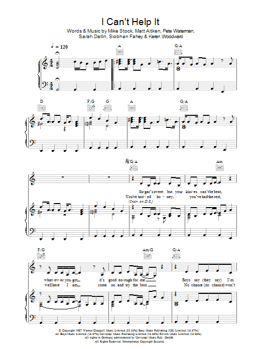 Learn to play Bananarama I Can't Help It sheet music for Piano, Vocal & Guitar (Right-Hand Melody) in minutes. Bananarama I Can't Help It sheet music preview music notes and score for Piano, Vocal & Guitar (Right-Hand Melody) including 5 page(s)