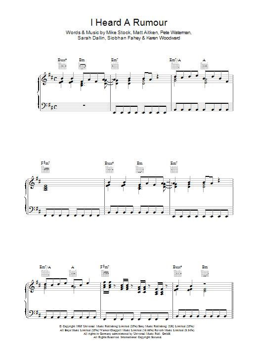 Learn to play Bananarama I Heard A Rumour sheet music for Piano, Vocal & Guitar (Right-Hand Melody) in minutes. Bananarama I Heard A Rumour sheet music preview music notes and score for Piano, Vocal & Guitar (Right-Hand Melody) including 5 page(s)