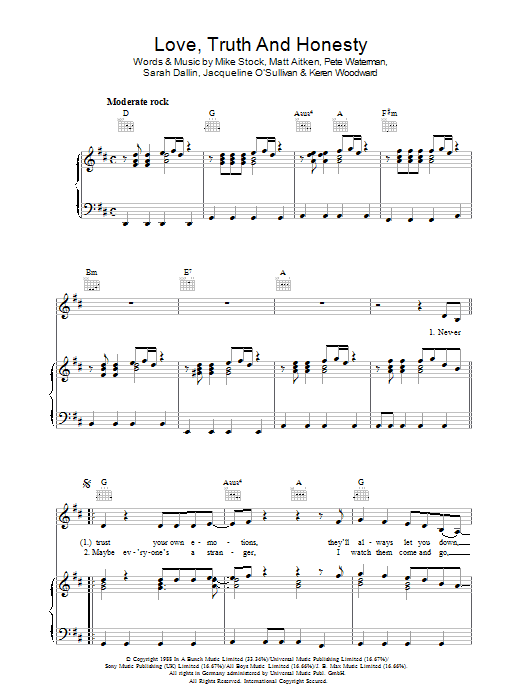 Learn to play Bananarama Love, Truth And Honesty sheet music for Piano, Vocal & Guitar (Right-Hand Melody) in minutes. Bananarama Love, Truth And Honesty sheet music preview music notes and score for Piano, Vocal & Guitar (Right-Hand Melody) including 4 page(s)