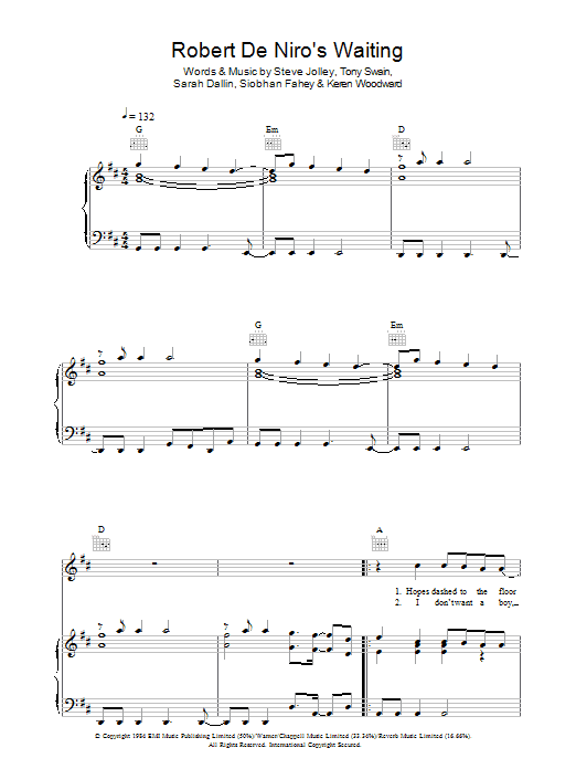 Learn to play Bananarama Robert De Niro's Waiting sheet music for Piano, Vocal & Guitar (Right-Hand Melody) in minutes. Bananarama Robert De Niro's Waiting sheet music preview music notes and score for Piano, Vocal & Guitar (Right-Hand Melody) including 7 page(s)