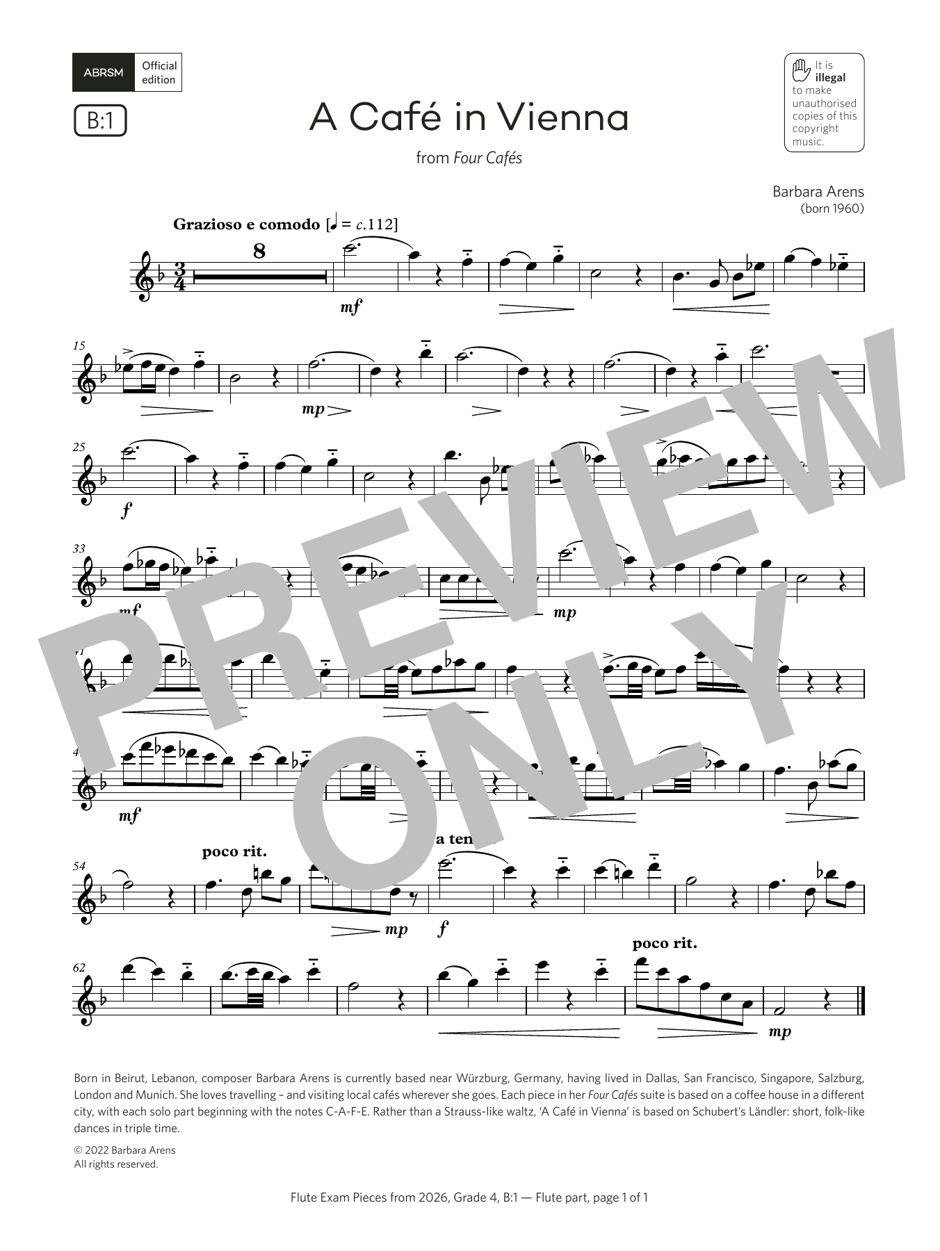 Barbara Arens A Café in Vienna (Grade 4, list B1, from the ABRSM Flute Syllabus from 2026) sheet music, chords, lyrics - Printable PDF for Flute Solo