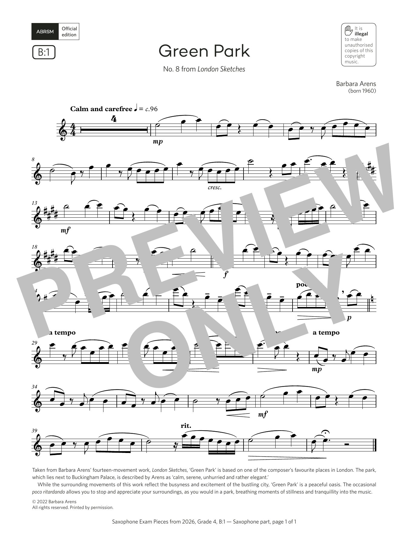 Barbara Arens Green Park (Grade 4, list B1, from the ABRSM Saxophone Syllabus from 2026) sheet music, chords, lyrics - Printable PDF for Alto Sax Solo