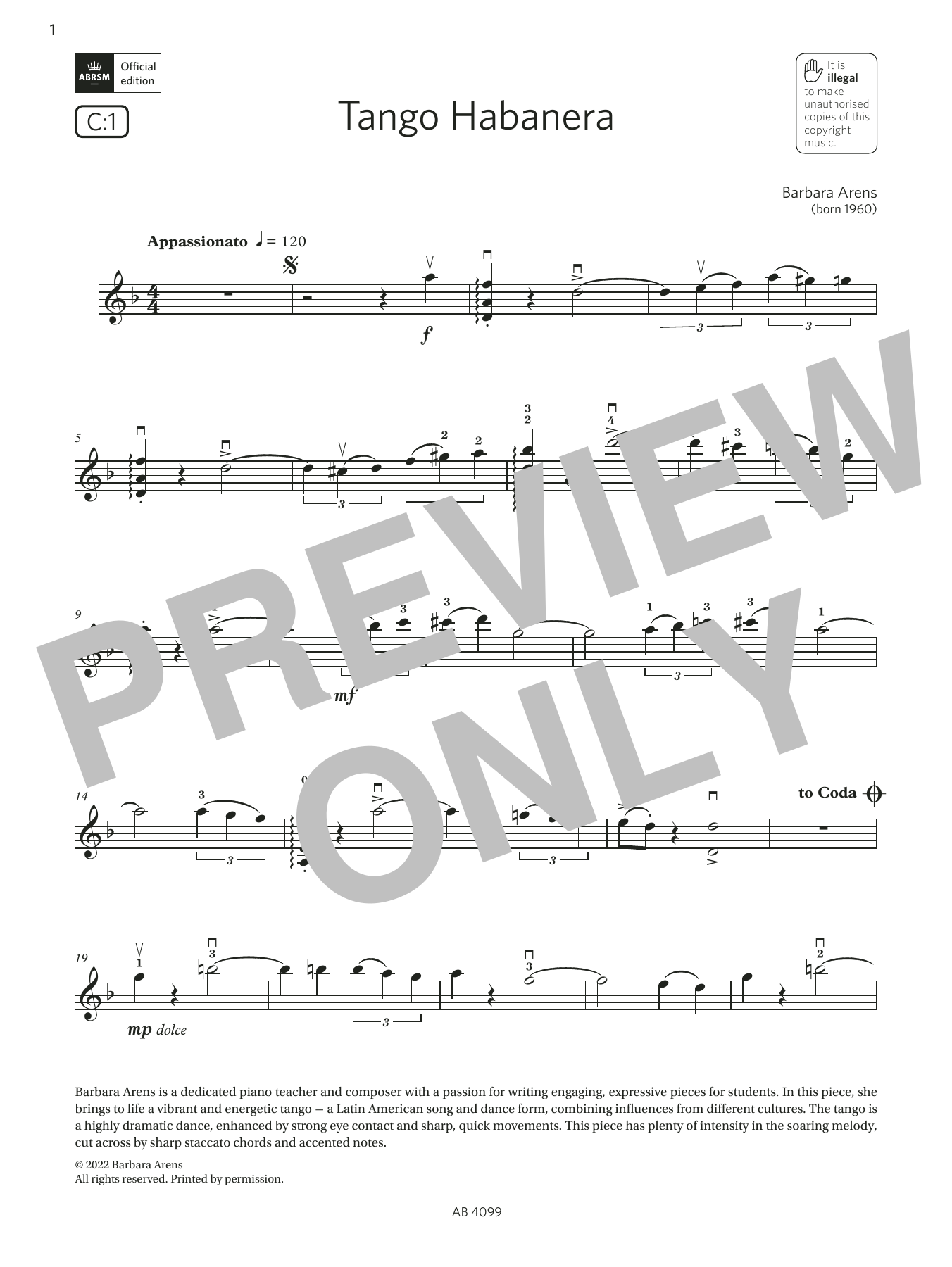 Barbara Arens Tango Habanera (Grade 5, C1, from the ABRSM Violin Syllabus from 2024) sheet music, chords, lyrics - Printable PDF for Violin Solo