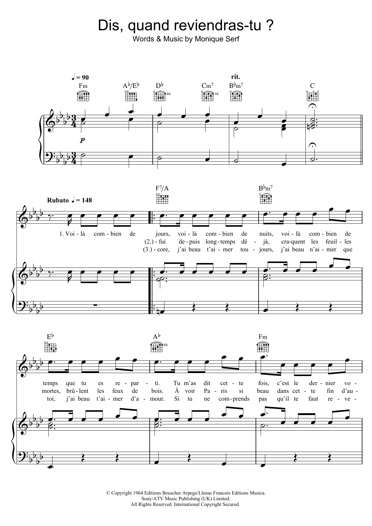 Barbara Dis, Quand Reviendras Tu ? sheet music, chords, lyrics - Printable PDF for Piano, Vocal & Guitar (Right-Hand Melody)