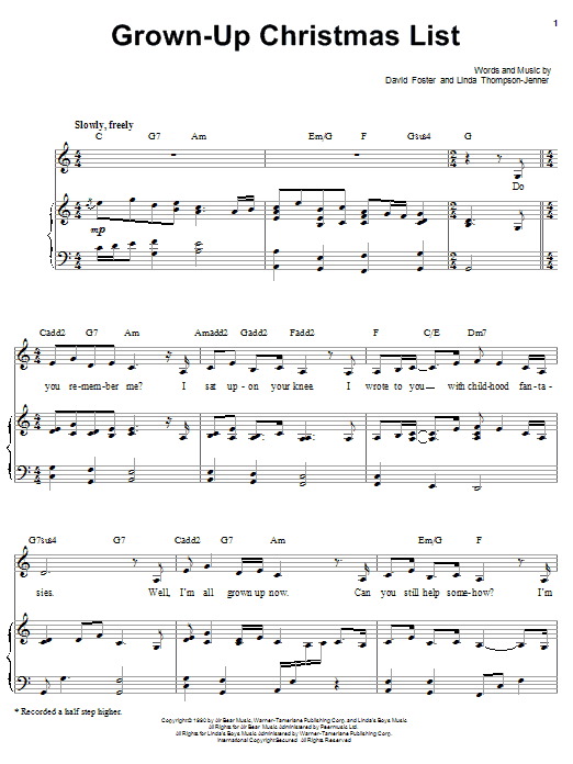 Barbra Streisand Grown-Up Christmas List sheet music, chords, lyrics - Printable PDF for Piano, Vocal & Guitar (Right-Hand Melody)