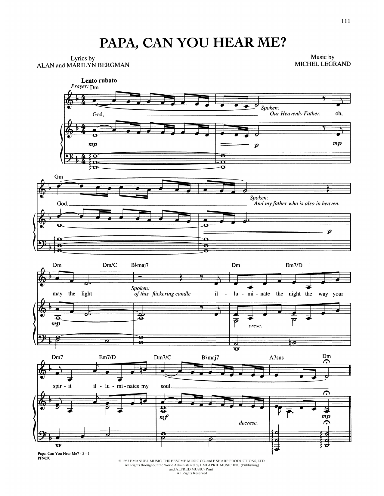 Barbra Streisand Papa, Can You Hear Me? (from Yentl) sheet music, chords, lyrics - Printable PDF for Piano, Vocal & Guitar Chords (Right-Hand Melody)