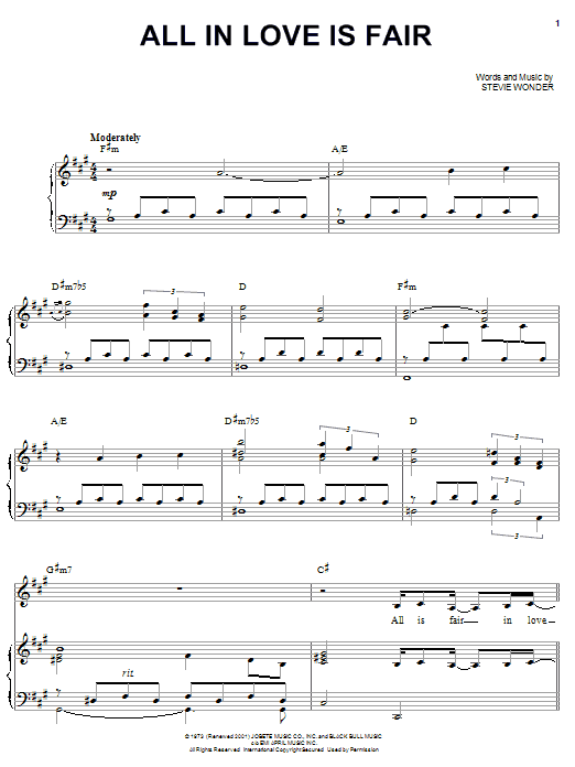 Learn to play Barbra Streisand All In Love Is Fair sheet music for Piano, Vocal & Guitar (Right-Hand Melody) in minutes. Barbra Streisand All In Love Is Fair sheet music preview music notes and score for Piano, Vocal & Guitar (Right-Hand Melody) including 6 page(s)