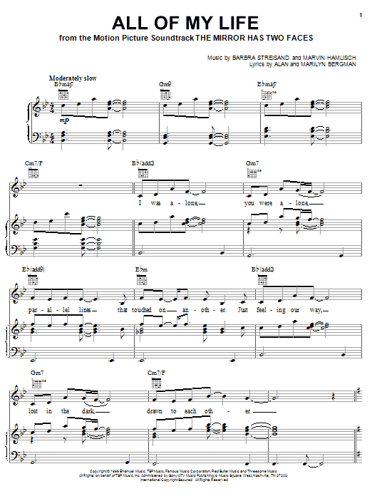 Learn to play Barbra Streisand All Of My Life sheet music for Piano, Vocal & Guitar (Right-Hand Melody) in minutes. Barbra Streisand All Of My Life sheet music notes and chords
