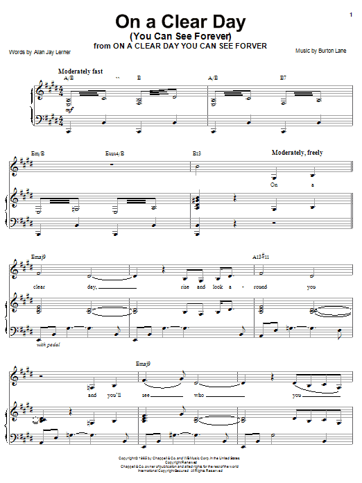 Learn to play Barbra Streisand On A Clear Day (You Can See Forever) sheet music for Piano, Vocal & Guitar (Right-Hand Melody) in minutes. Barbra Streisand On A Clear Day (You Can See Forever) sheet music preview music notes and score for Piano, Vocal & Guitar (Right-Hand Melody) including 4 page(s)